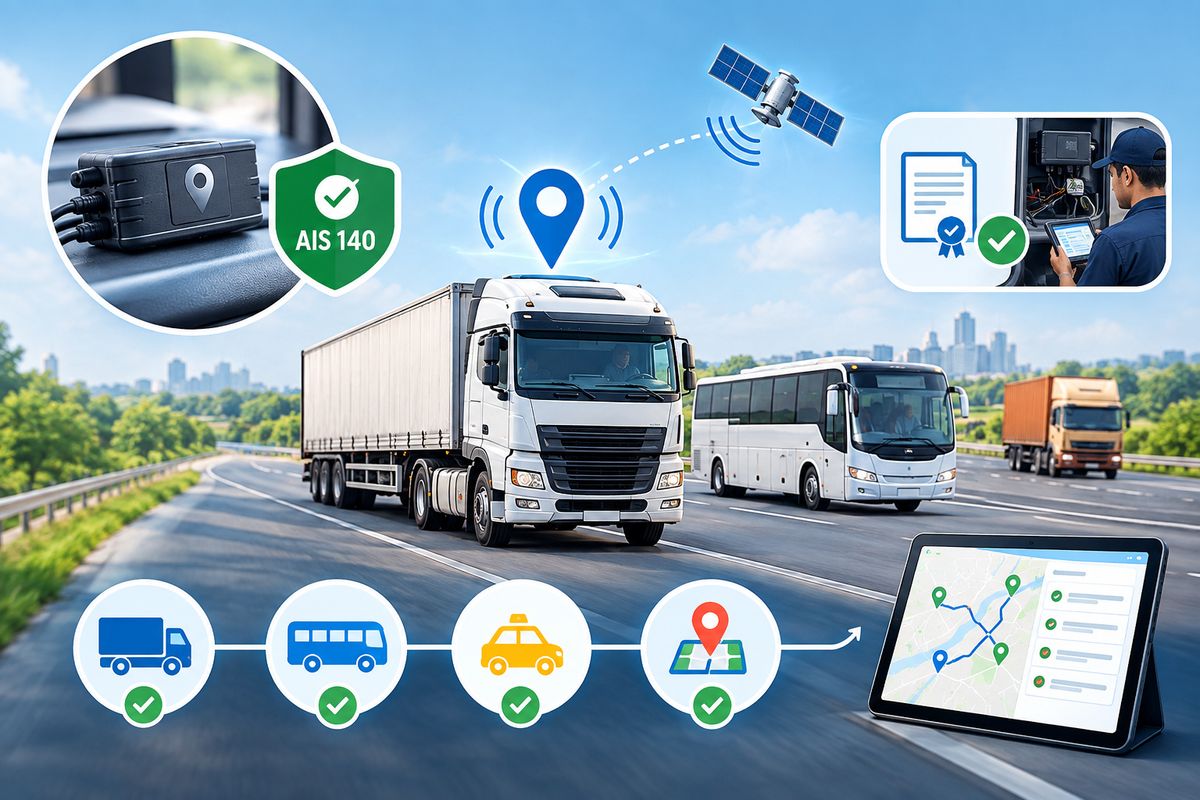 AIS 140 certified GPS tracker fitted to a commercial truck and bus in India