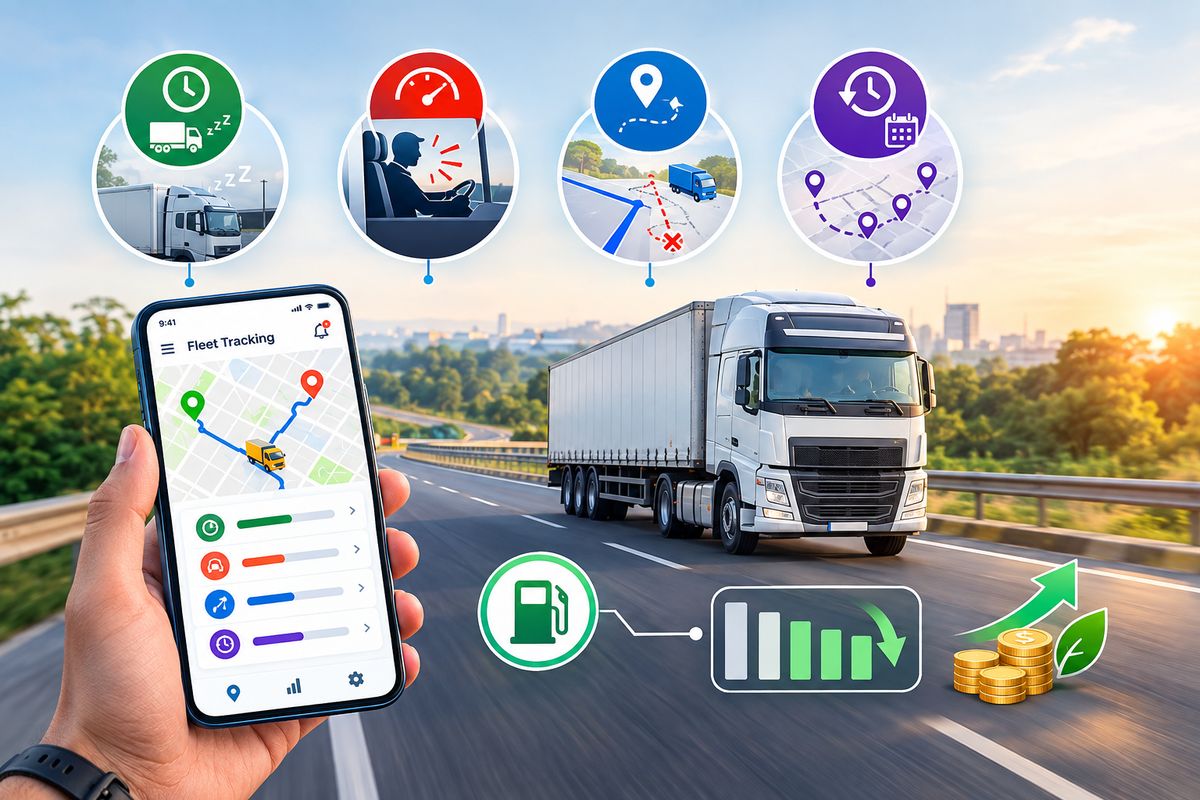 Fleet tracking dashboard showing fuel use and idle time falling for a fleet of trucks