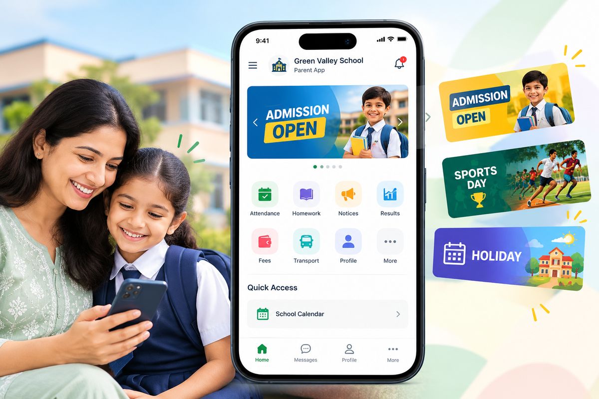 School announcement banners for admissions and sports day on the Bharat Tracker parent app home screen