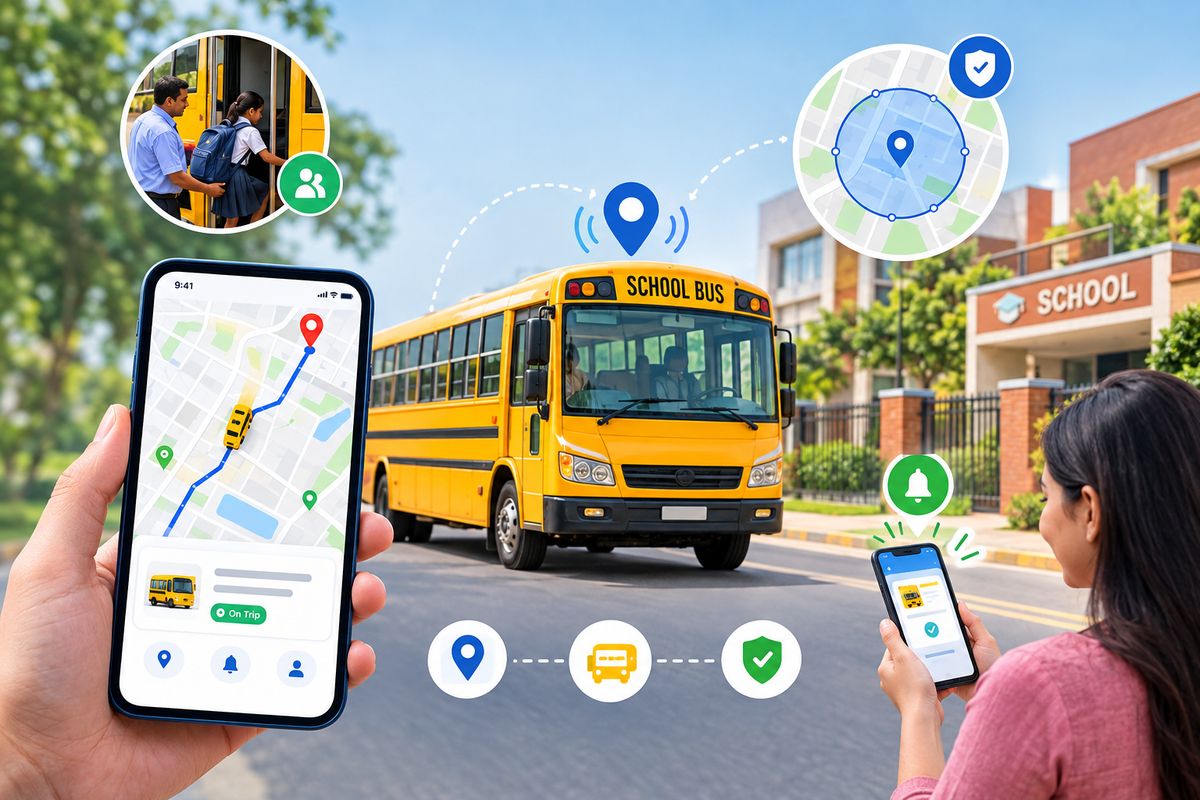 Parent watching a school bus live on the Bharat Tracker app outside a school gate