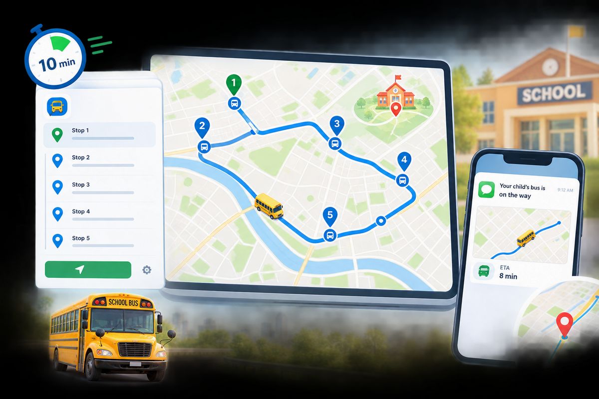 School bus route drawn on a map with numbered stops in the Bharat Tracker route builder