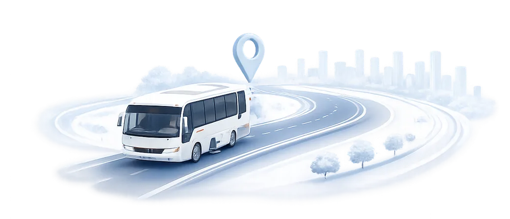 Bus on the road with a location pin