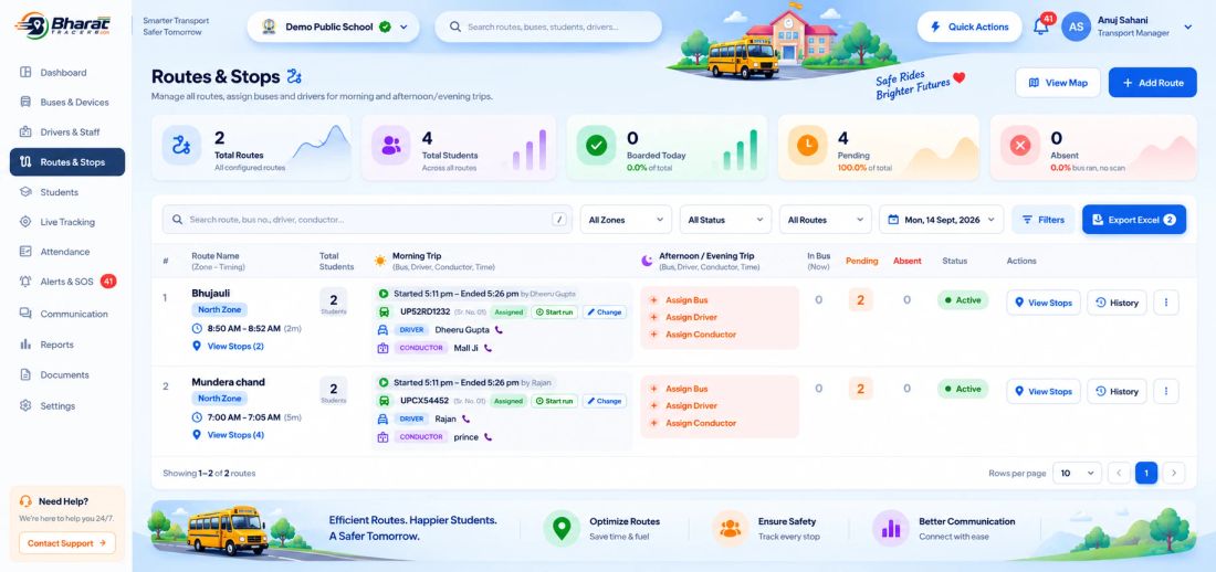 The Bharat Tracker school dashboard listing routes with their morning and afternoon trips, buses, drivers and conductors